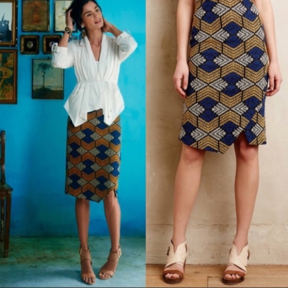 Maeve Anthropologie Blue Mustard Yellow Skirt 6